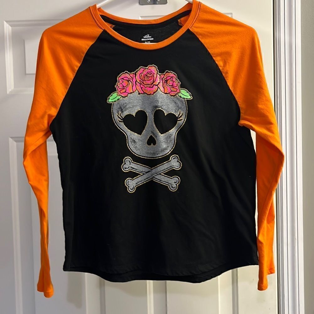 Celebrate Halloween Glitter Skull & Crossbones Baseball Shirt-XL-14/16 Plus Girl